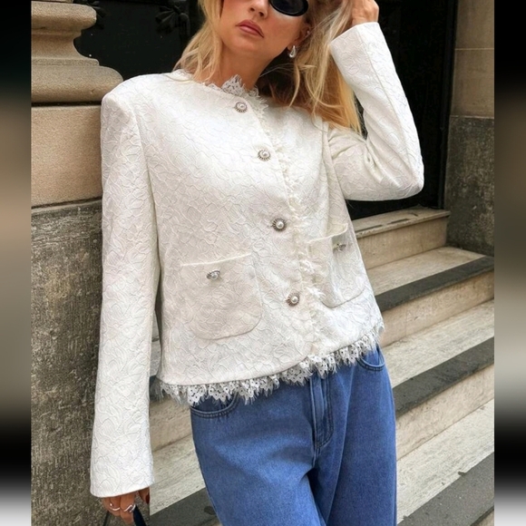 Women Front Button Long Sleeve Pocket Lace Patchwork Casual Jacket,Minimalist - Picture 1 of 6